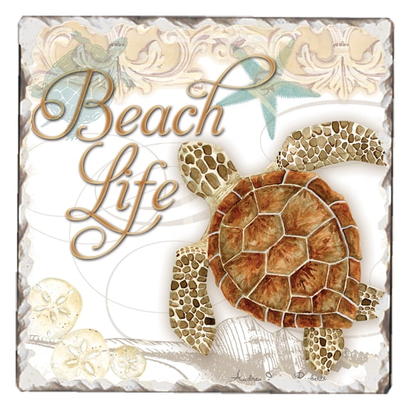 Absorbent Stone Tumbled Tile Coasters, Beach Life, Set of 4