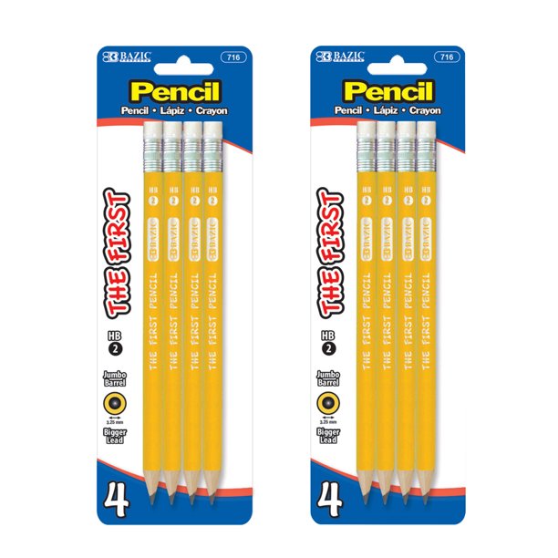 BAZIC Pencil Wood PreSharpened 2 HB Jumbo Pencils, Latex Free Eraser