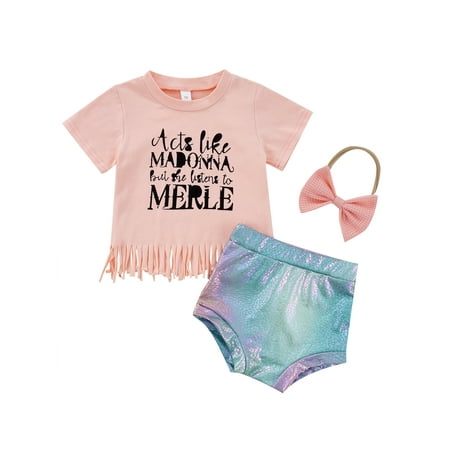 

aturustex 3 Pcs Baby Girls Outfit Toddlers Letter Printing Round Collar Short Sleeve Tassels Hem Tops + Shiny Shorts + Bow Headwear Summer (Pink 0-24 Months)