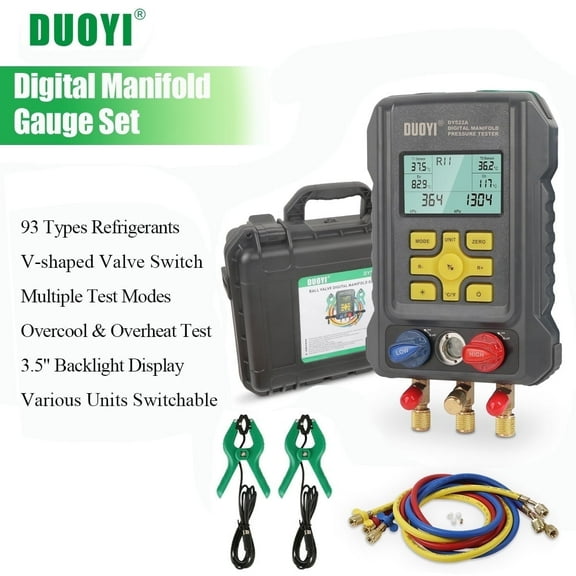DUOYI DY522A Digital HVAC Manifold Gauge, Universal for 93 Refrigerants (R12/R134A), with Multiple Test Modes, AC/Fridge Diagnostic Tool Kit.