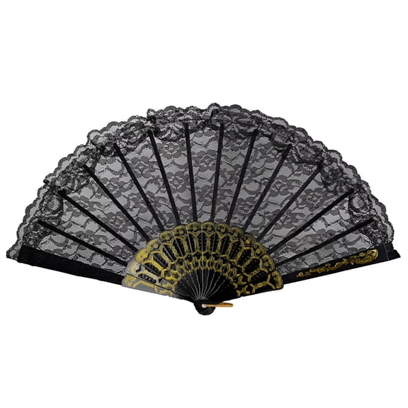 LAMIRO Lace Fan Hand Party Style Held Flower Wedding Chinese Dance Silk Folding Fans (Black)