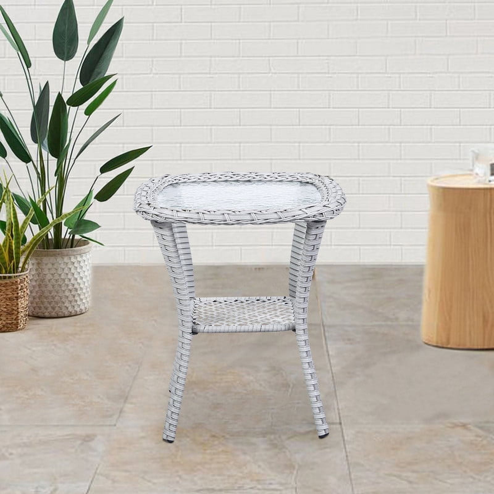 PARKWELL Outdoor Side Table with All-Weather Wicker Shelf - Rattan Tea Tables with Glass Top - Square Offwhite