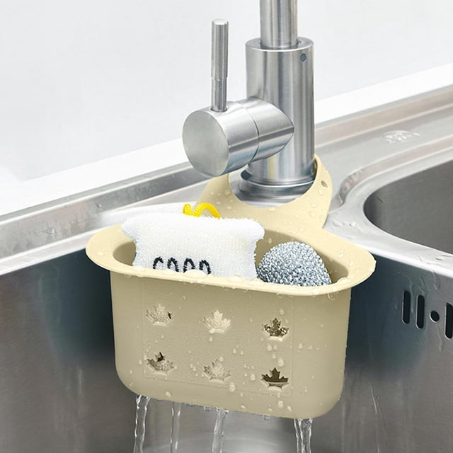 Hanging Faucet Sink Drain Basket with Removable Mesh Filter, Triangular Plastic Strainer for Kitchen Food Scraps, Blue Beige, Tool-Free, 1 Pack