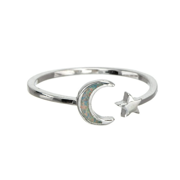 White Fire Lab-created Opal  Sterling Silver Moon Star Adjustable Ring