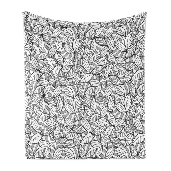 Leaves Soft Flannel Fleece Throw Blanket, Abstract Foliage Pattern with Scales Lines Design Doodle Style Illustration, Cozy Plush for Indoor and Outdoor Use, 60" x 80", Grey Black White, by Ambesonne