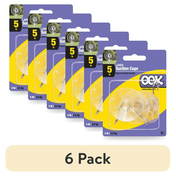(6 pack) Ook Suction Cup Hooks, Suction Cup Hangers, Large, 5 lbs, PVC, Clear, 3 pack