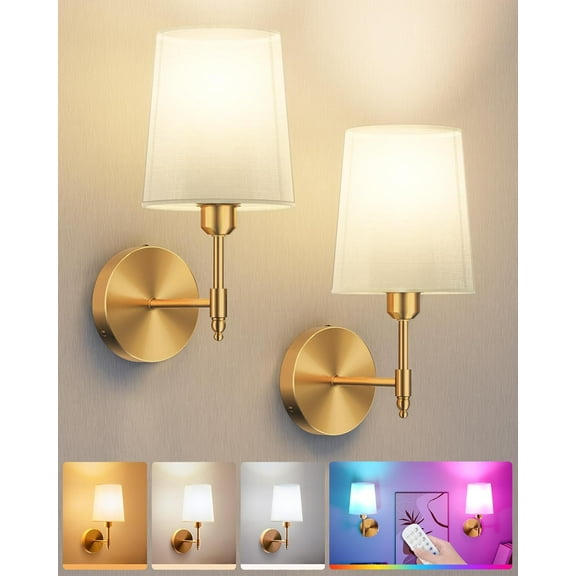 Battery Operated Wall Sconces Set of 2, Wireless Rechargeable Dimmable Wall Light with 5600mAh RGB Bulb and Remote for Bedroom, Living Room, Hallway (Gold)