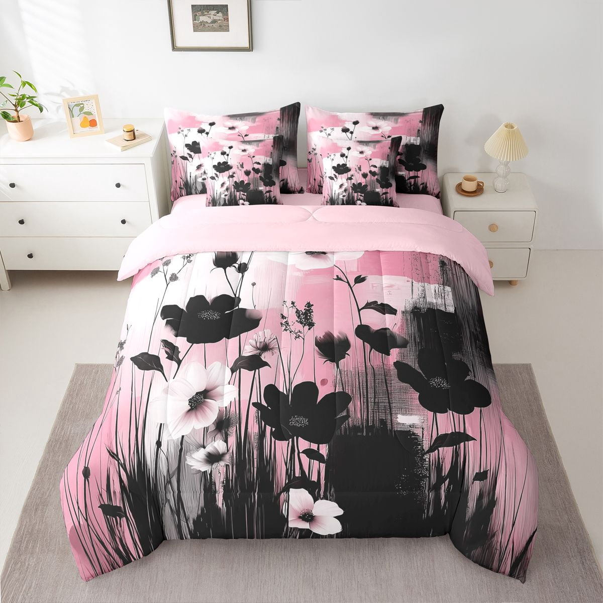 Homewish Black Pink Flowers 7-Piece Twin Bedding Sets For Teens Boys Girls,Abstract Watercolor Artwork Bedding Comforter Set,Retro Vintage Breathable Sheet Sets,Luxury Bedroom Decor,Reversible