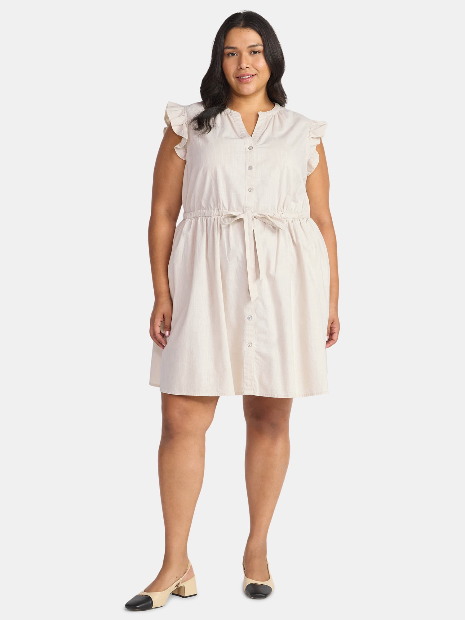 Time and Tru Women's and Women's Plus Button Front Cotton Mini Dress with Flutter Sleeves, Sizes XS-4X
