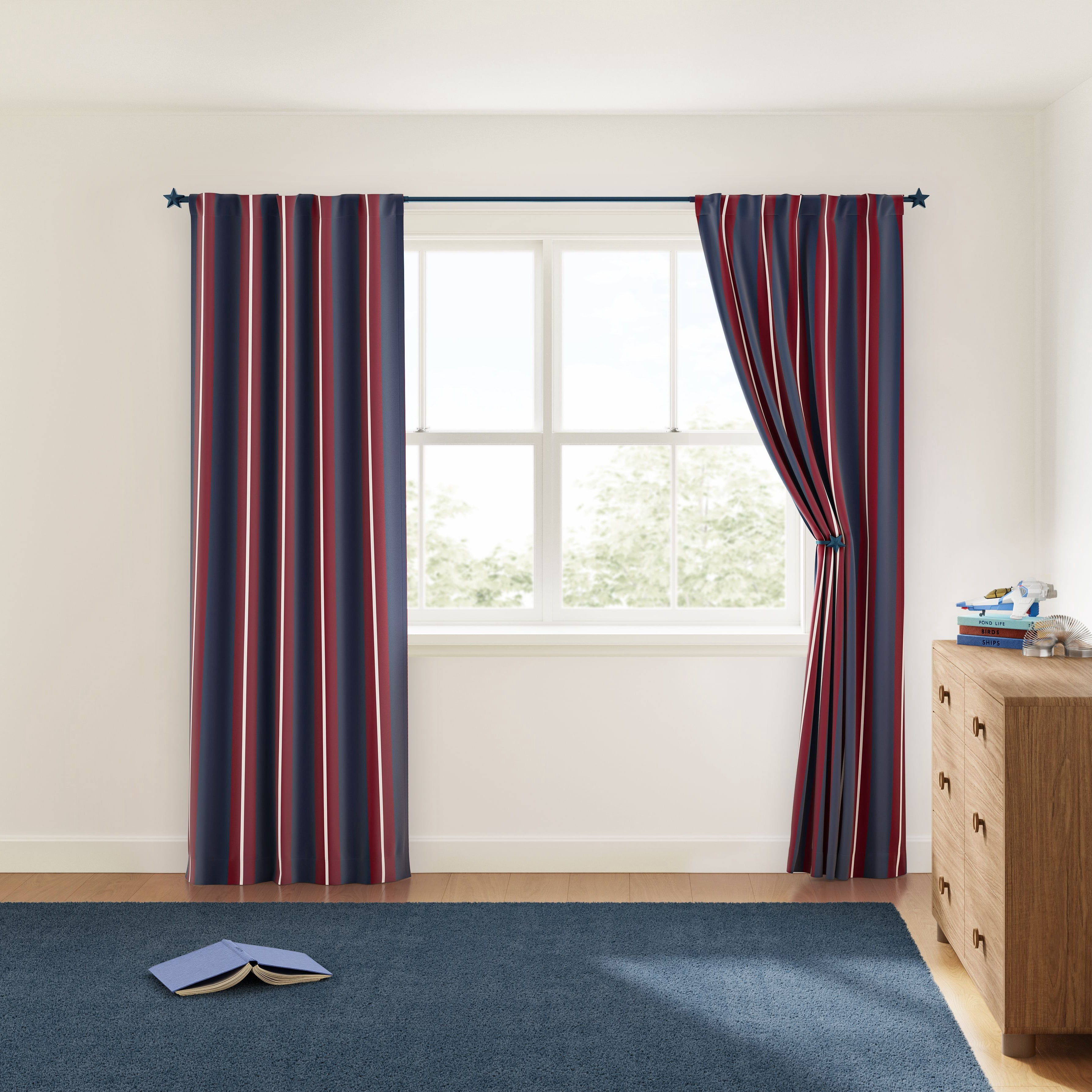 Mainstays Kids Red and Navy Blue Printed Blackout Rod Pocket with Back Tabs Single Curtain Panel, Set of 1, 38" W x 95" L