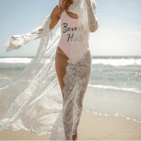 LMLYSoH Women Cover Up, Lace Ankle Length Cardigan Bikini Cover Up, Solid Color Long Sleeve See Through Kimono Dress with Waist Belt