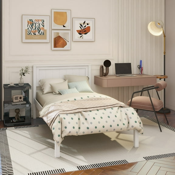 Platform Bed Frame with Headboard, Wood Slat Support, No Box Spring Needed,Twin, White