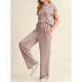 thumbnail image 4 of Women'S Two-Piece Casual Ribbed Knit Short-Sleeved Top, Wide-Leg Pants, Home Wear, Travel Sportswear Khaki L, 4 of 6