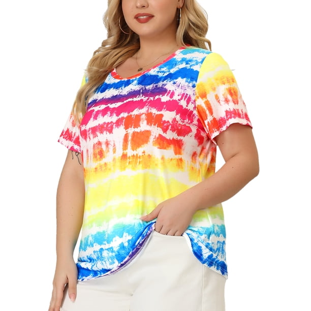 Women's Plus Size T Shirts Round Neck Multi Color Dye Casual Tops Multi-color 1X