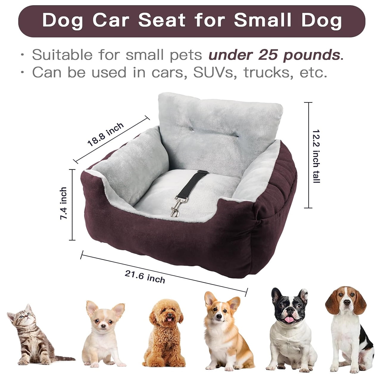 WATANIYA PET Dog Car Seat Plush and Portable Pet Booster Seat,Washable Pet Travel Carrier Bed, With Clip-on Safety Leash,Adjustable Straps for Pets up to 25lbs, Brown