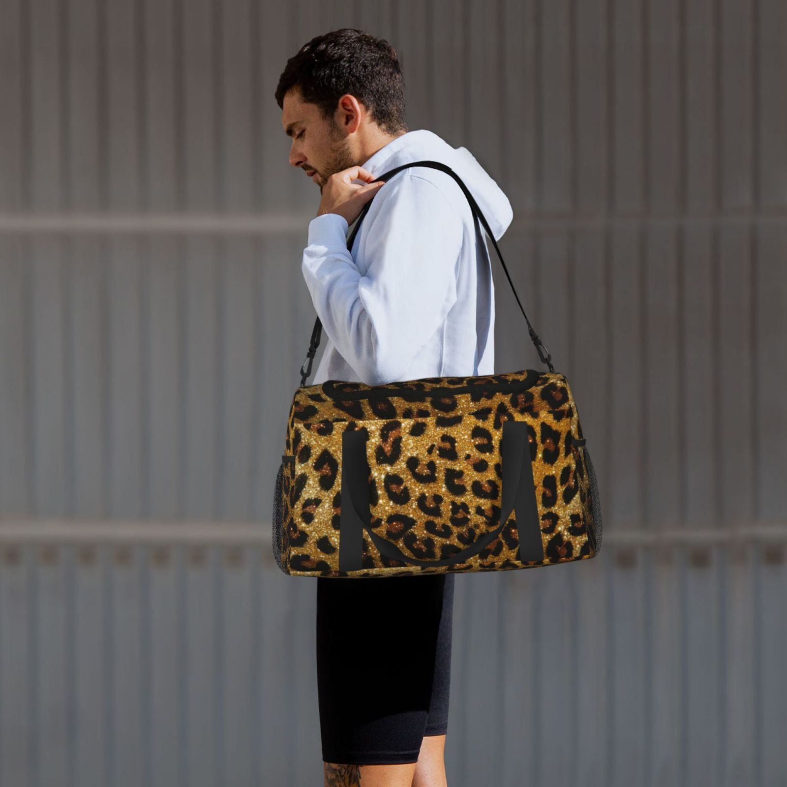 Ratiio Golden Leopard Glitter Pattern Hand Travel Bag, Weekender Carry On for Women Men, Sports Gym Bag, Workout Duffel Bag, Overnight Shoulder Bag fit 15.6 Inch Laptop