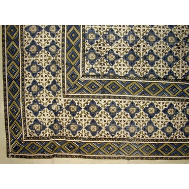 Moroccan Block Print Indian Tapestry Cotton Bedspread 108" x 88" Full-Queen