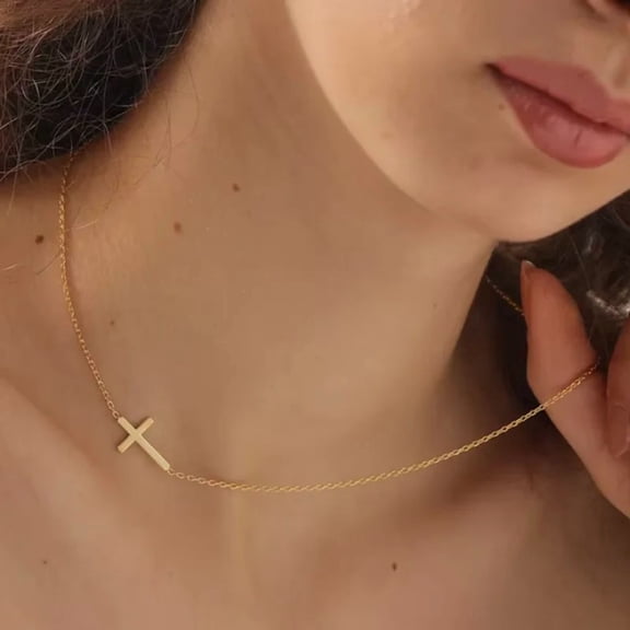 Gothic-Style Dainty 14K Yellow Gold Sideways Cross Necklace – Women’s Simple Choker Collar Crucifix Jewelry, Party Gift