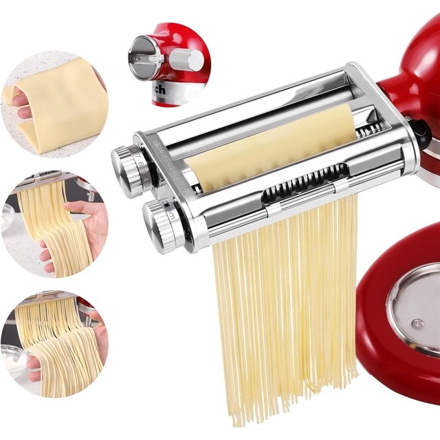 Pasta Maker Attachment 3 in 1 Set Compatible for KitchenAid Mixers Plus Hub Knob Screw Accessory Included Pasta Sheet Roller, Spaghetti Cutter, Fettuccine Cutter Maker and Cleaning Brush