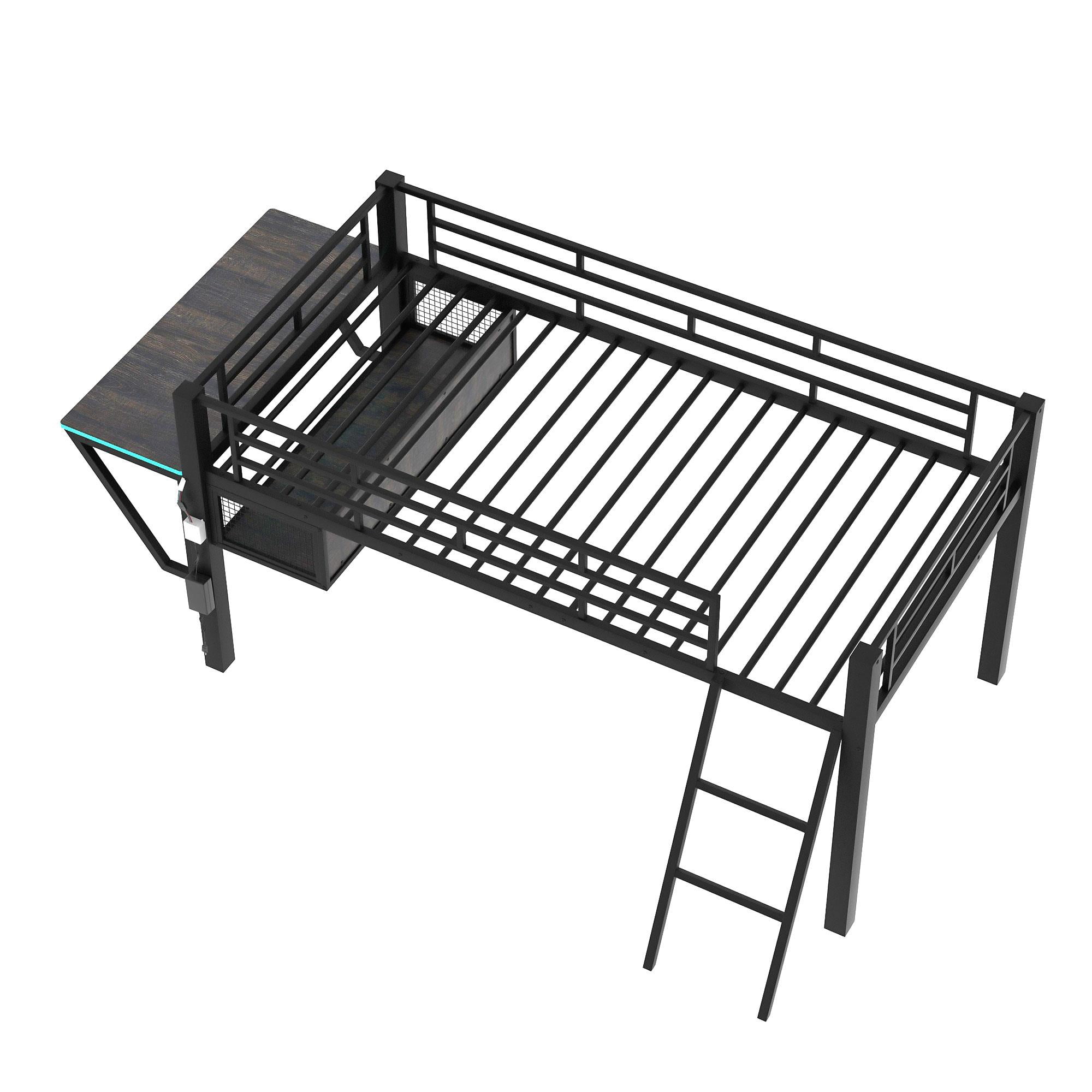 Mid-level loft playard with desk, LED light and single bed, featuring integrated TV table platform storage for furniture, toys or a play chair. Black