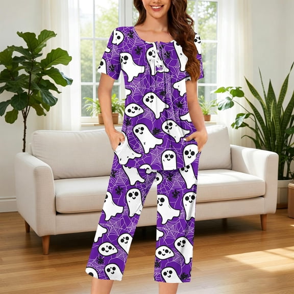 JOANKDMI 2 Piece Sleepwear PJs Outfit Womens Cute Ghost Lightweight Spiderweb Print Pajama Costume for Halloween Party Roleplay Novelty Loungewear Suit Clothing, S-3XL