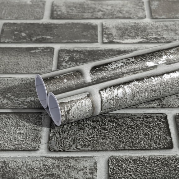 Abyssaly Peel and Stick Wallpaper 17.3" x 118" Dark Gray Silver-Foiled Brick Wallpaper Removable Self-Adhesive Vinyl Wall Paper for Home and Room Decoration