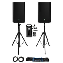 2 Mackie Thrash215 15" 1300W Powered DJ PA Speakers Stands Microphone Thrash 215