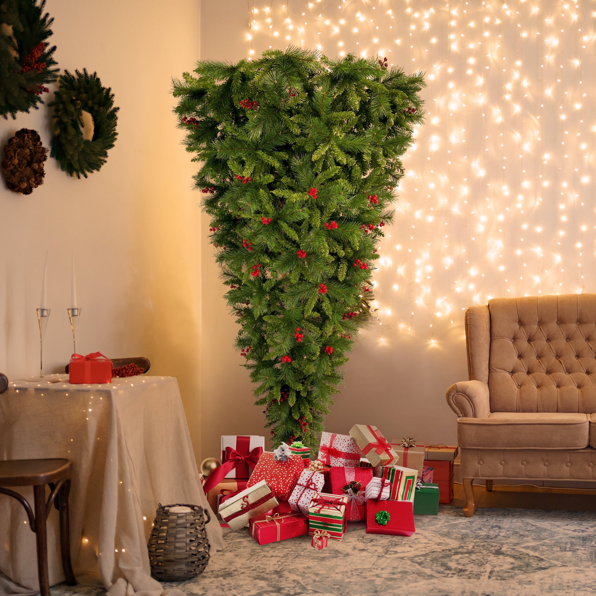 Kadyn 7.4 ft Upside Down Green Christmas Tree Hinged Spruce Full Tree, 1500 branch tips, with Red Artificial Berries, PVC Pine Needles, Artificial Holiday Christmas Pine Tree for Home, Office, Party