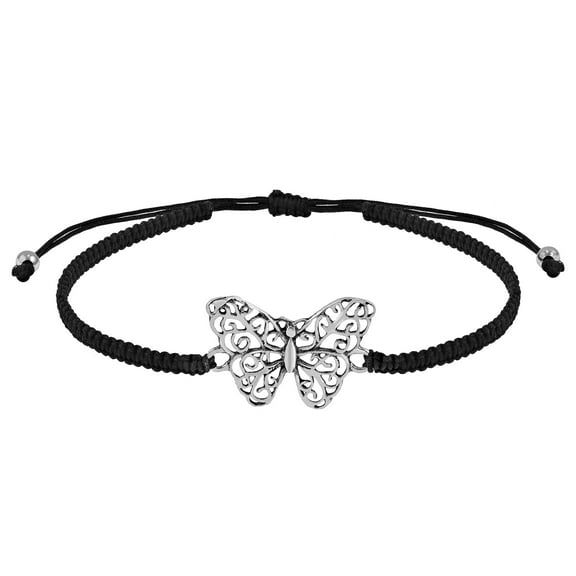 AeraVida Swirling Sterling Silver Butterfly Charm on Black Rope Pull-String Bracelet