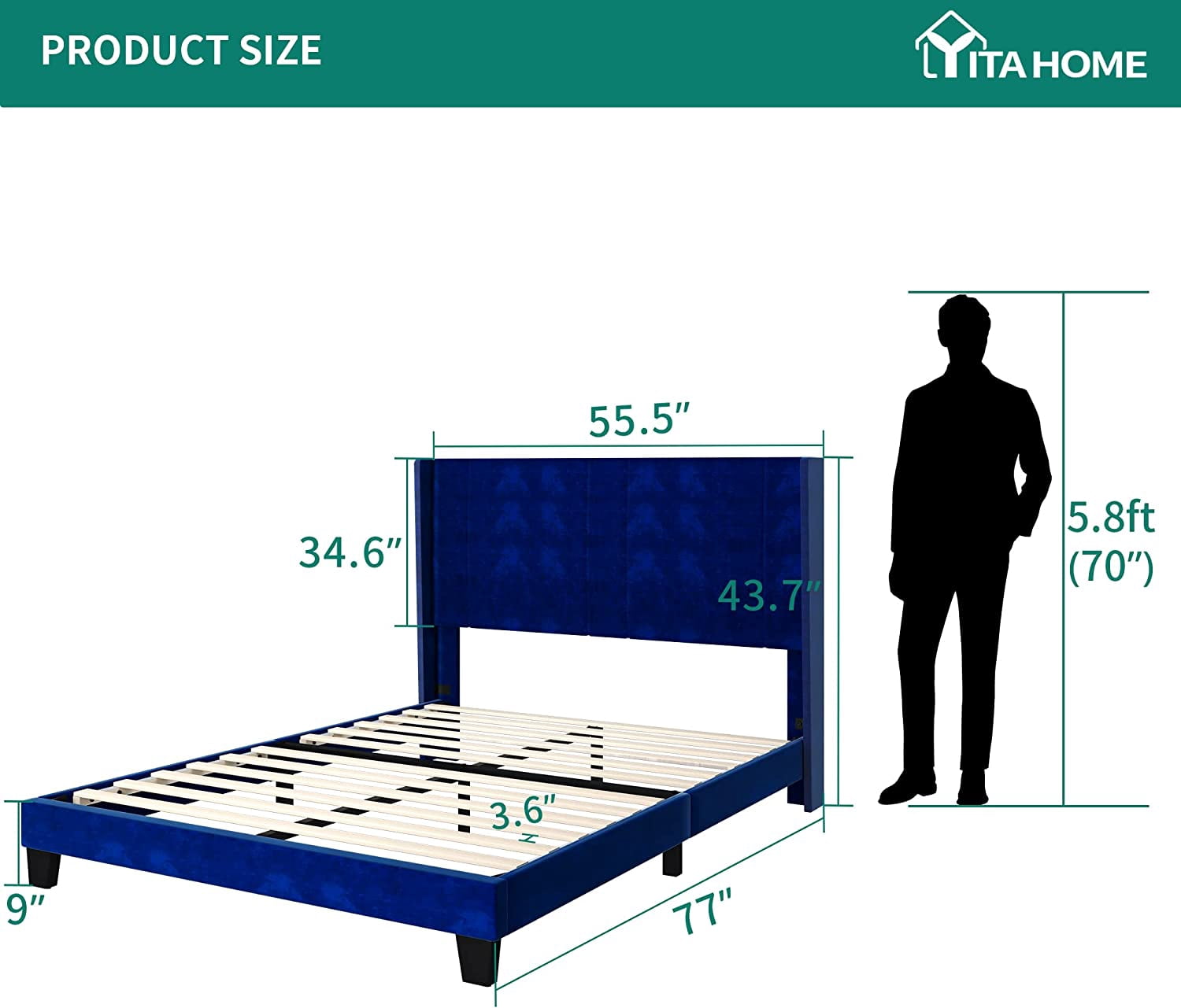 Dextrus Upholstered Wingback Platform Bed with Navy Blue Velvet Headboard(Full)