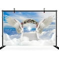 thumbnail image 3 of Angel Wings Backdrop Blooming Flowers Arch Door Stairs to Heaven Background Holy Light Clouds Blue Sky Church Party Decorations Banner Supplies Photo Booth Props, 3 of 4