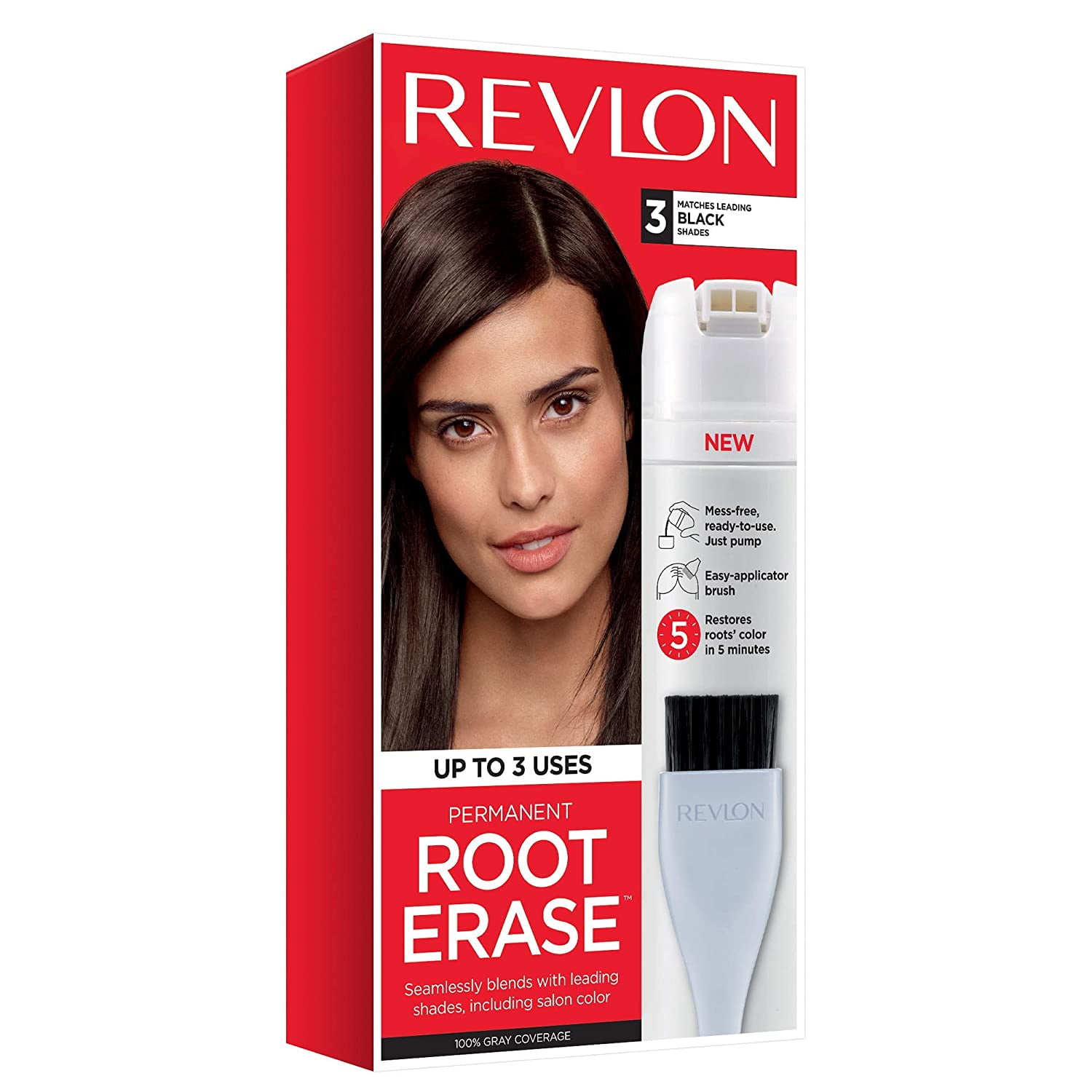 Revlon Root Erase Permanent Hair Color, Touchup Dye, 100% Gray Coverage, 3 Black