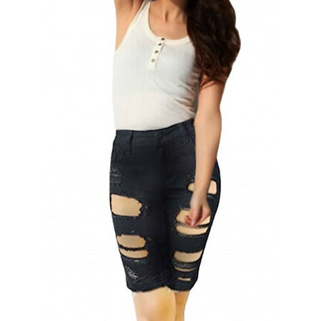 SkylineWears Womens Distressed Bermuda Casual Fashion Denim Stretchy Mid Rise Jeans Shorts Black Small