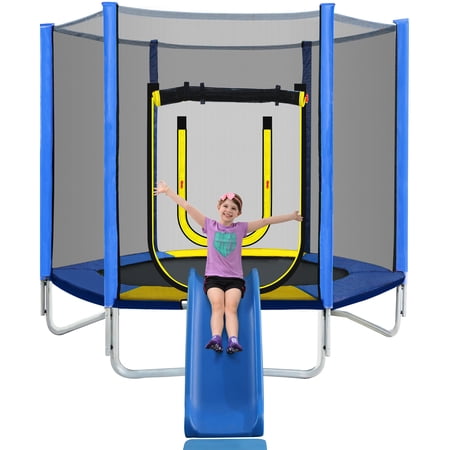7FT Trampoline for Kids with Safety Enclosure Net  Slide and Ladder  Easy Assembly Round Outdoor Recreational Trampoline Heavy Duty Upgrade All-Weather Trampolines for Outdoor Lawn Garden Yard