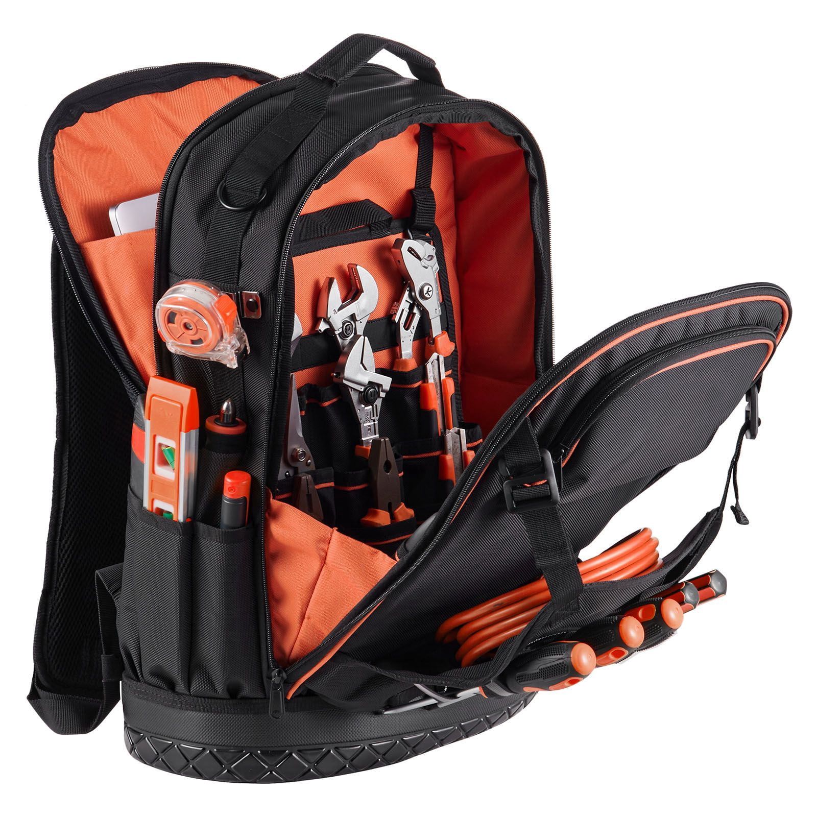 Tool Backpack 65 Pockets, 70 lbs Capacity, 1680D Oxford Fabric, Laptop Compartment, Molded Base, for Electrician Plumber HVAC