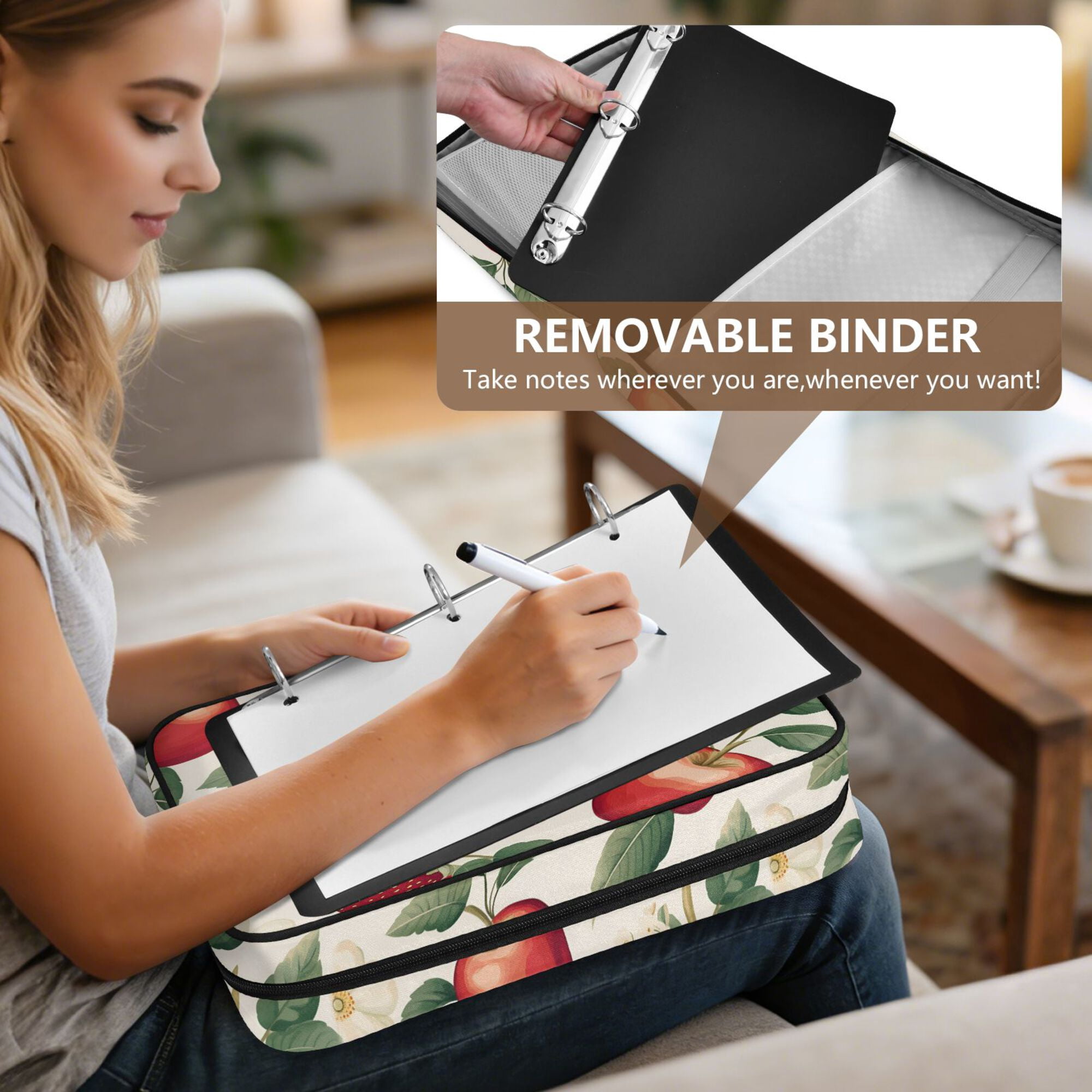 FORMRS Accordion File Folder A4 Size 7-Pocket Expanding Document Organizer Bag with 3 Ring Binder, Apples Flower Pattern