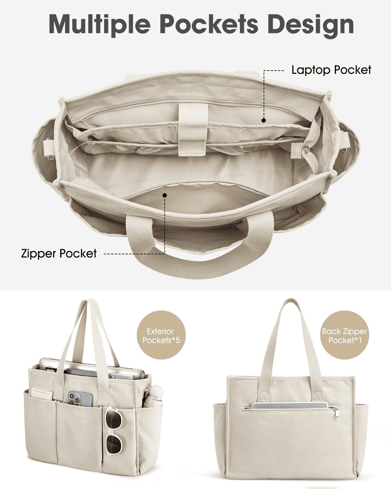 G4Free Canvas Tote Bag with Pockets, Medium Size Crossbody Work Tote Bag for Women Zipper Closure