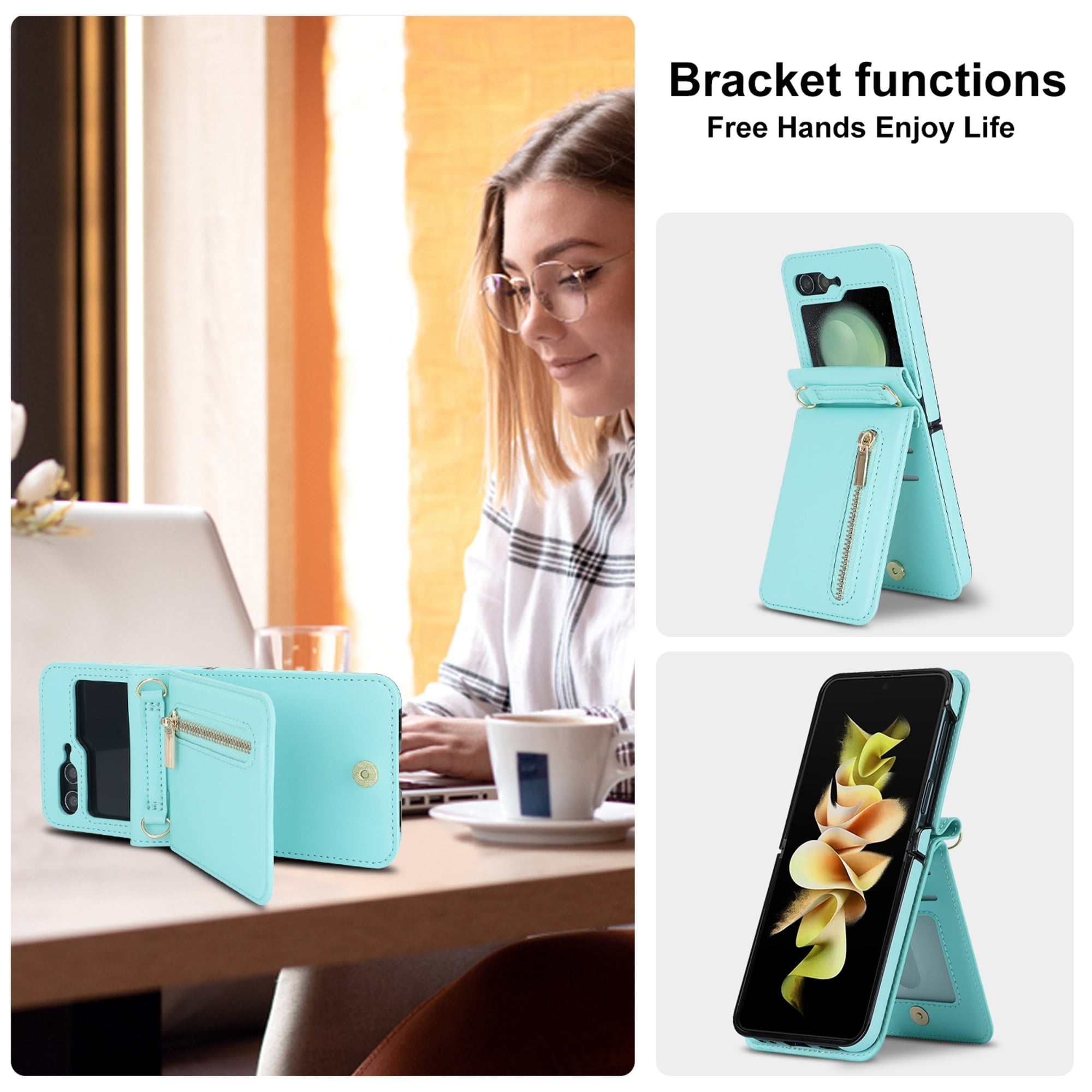 Decase for Samsung Galaxy Z Flip 5 Luxury Zipper Wallet Phone Case, Multi-Function Kickstand Card Holder Adjustable Fashion Flip Cover Case with Crossbody Strap for Samsung Z Flip 5 5G,Mint