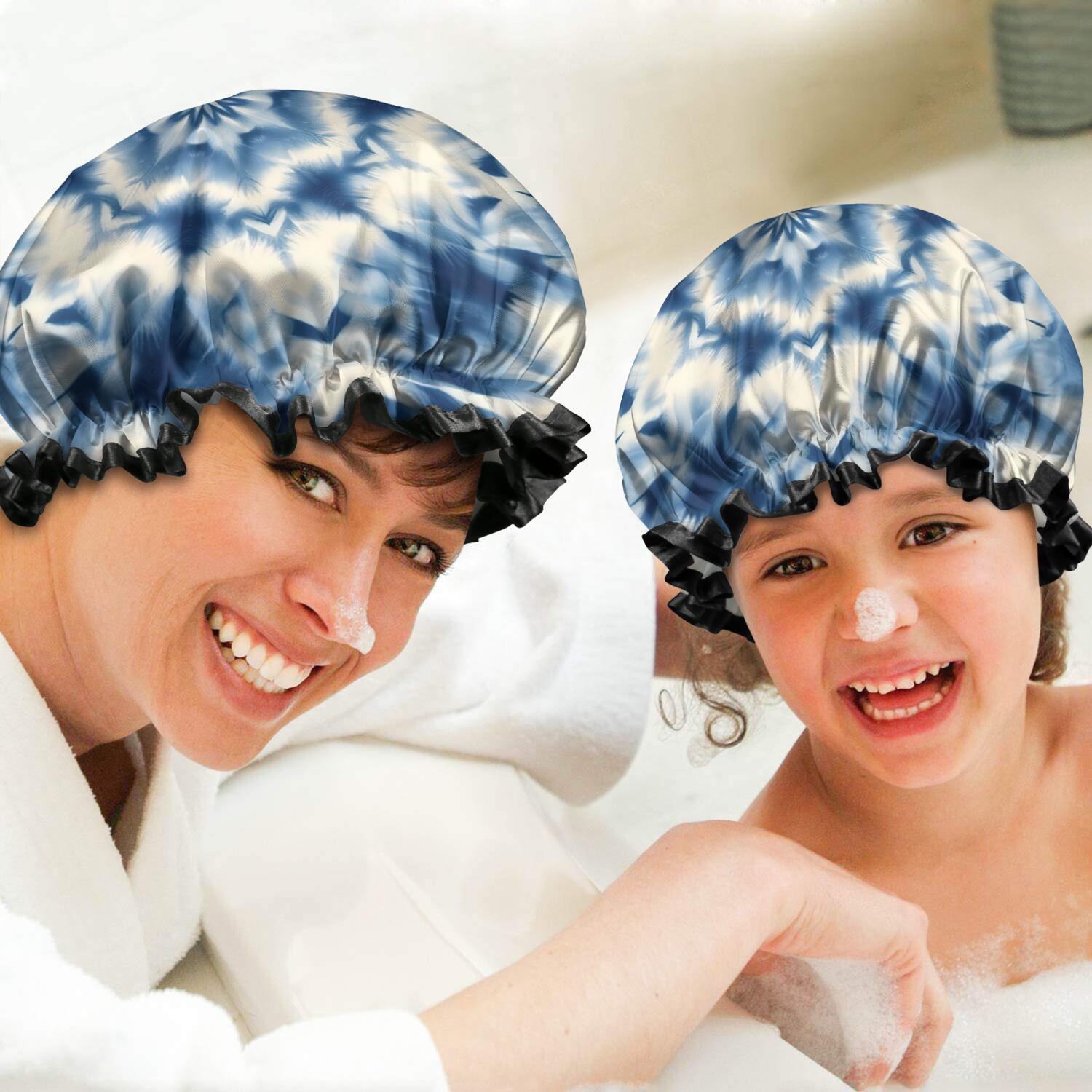 Shower Caps,Indigo Tie Dye Star Waterproof Shower Cap for Women 4 Pieces,Double Reusable Hair Cover for Shower PEVA Elastic Stretch Hem