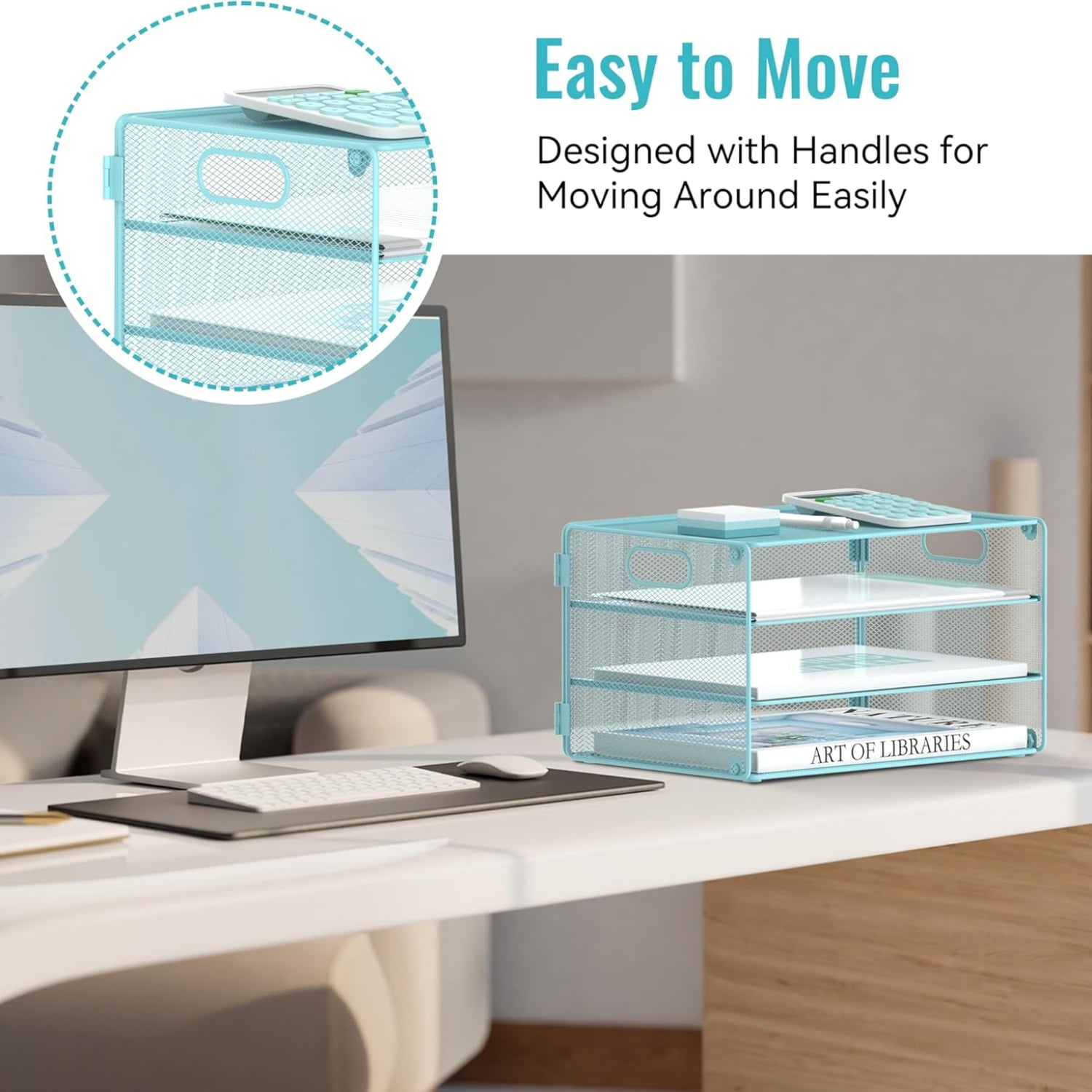 INTIGE 3-Tier File Organizer with Handles, Mesh Desktop Storage Cabinet, Suitable for Home and Office