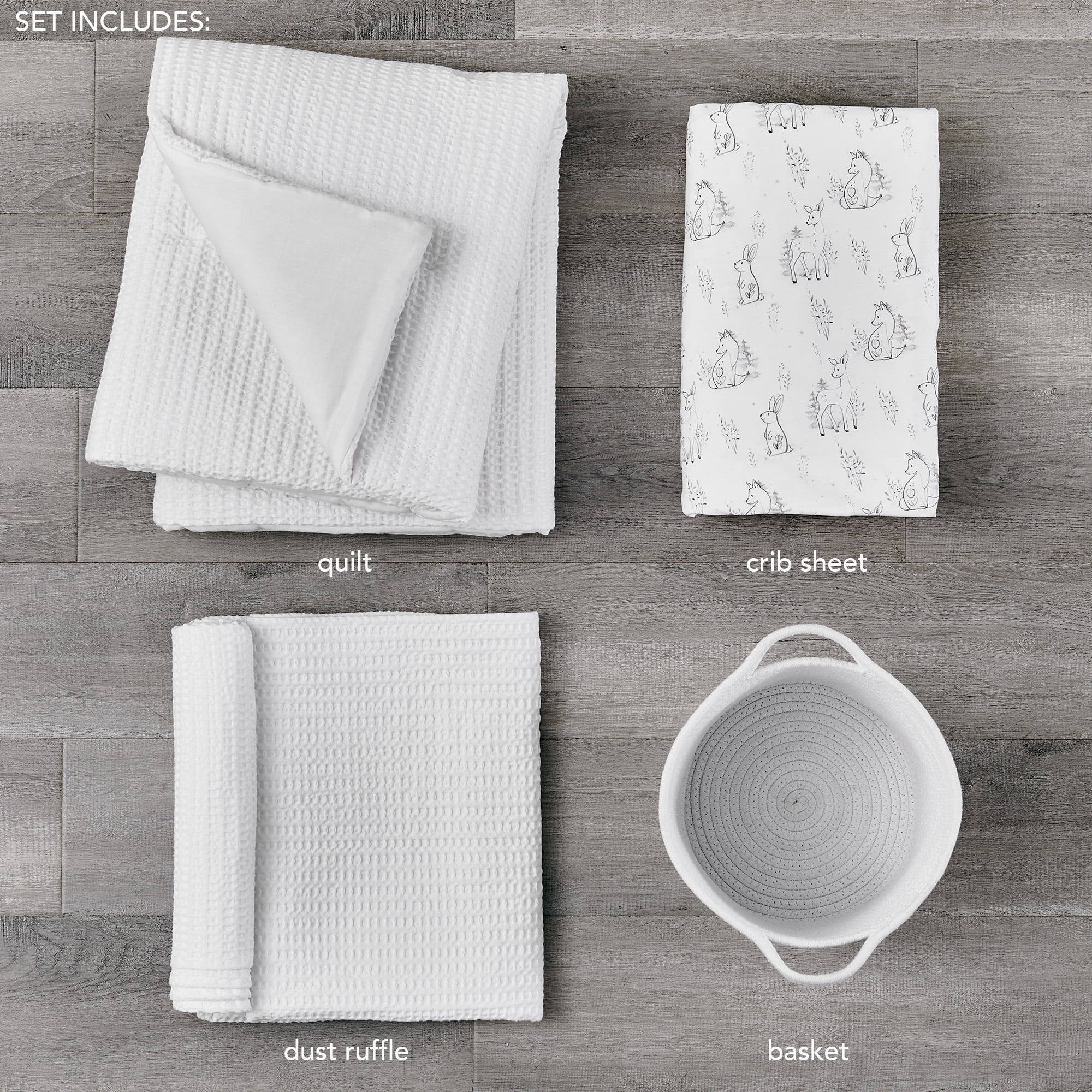 Levtex Baby - Mills Waffle Crib Bed Set - Baby Nursery Set - White - White Textured Waffle - 4 Piece Set Includes Quilt, Fitted Sheet, Dust Ruffle and Rope Basket