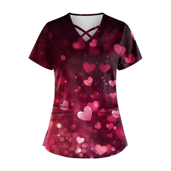 Valentine Scrub Tops for Women Short Sleeve V Neck Love Heart Print Nurse Working Uniforms Holiday Pocketed Tshirt Hot Pink 3XL