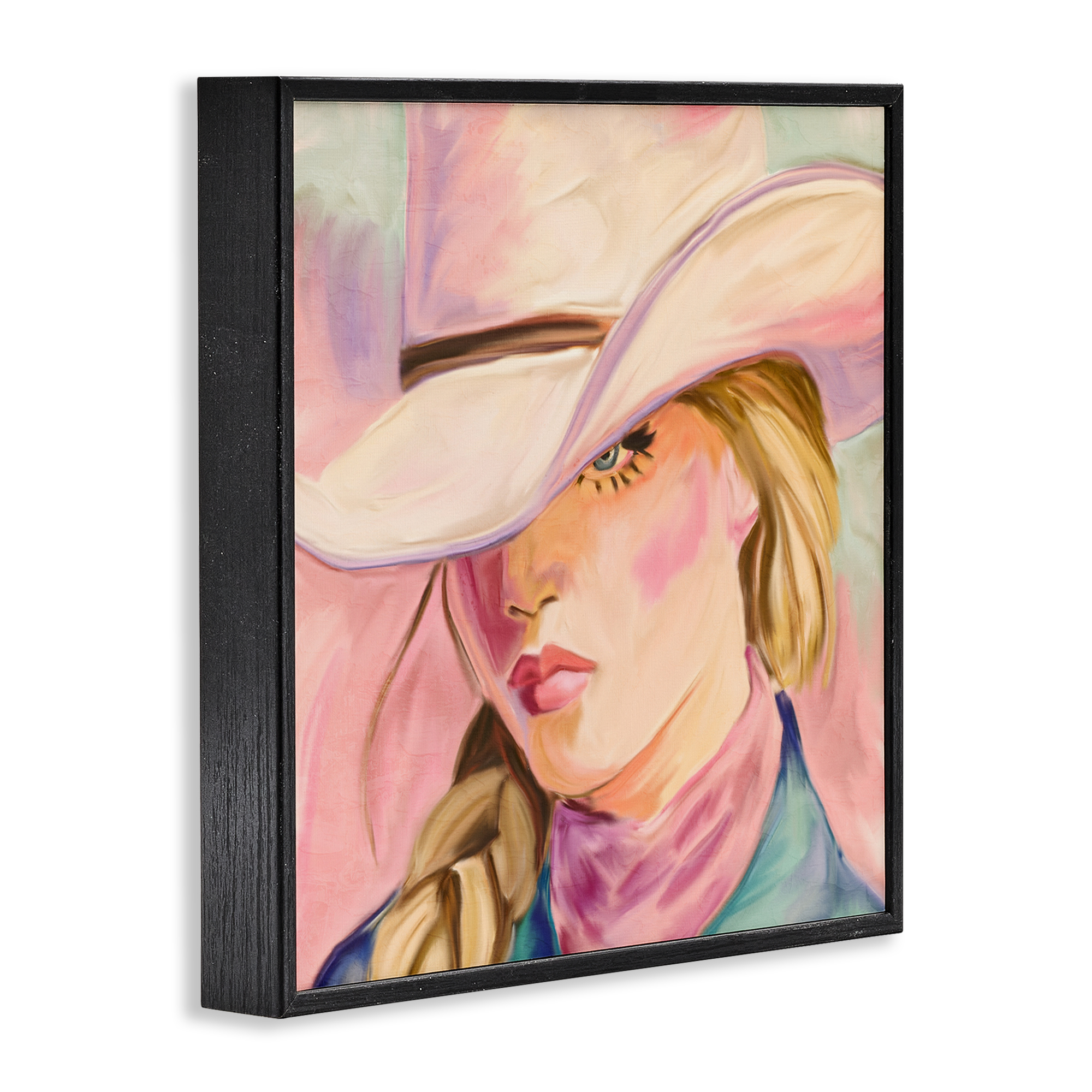 Pastel Cowgirl Gaze Beneath Hat Black Framed Giclee Art, design by Kim Allen