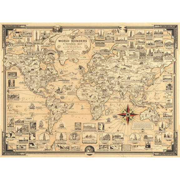 Chase 1939 Pictorial Map Chart Wonders World Extra Large Art Print Wall Mural Poster Premium XL
