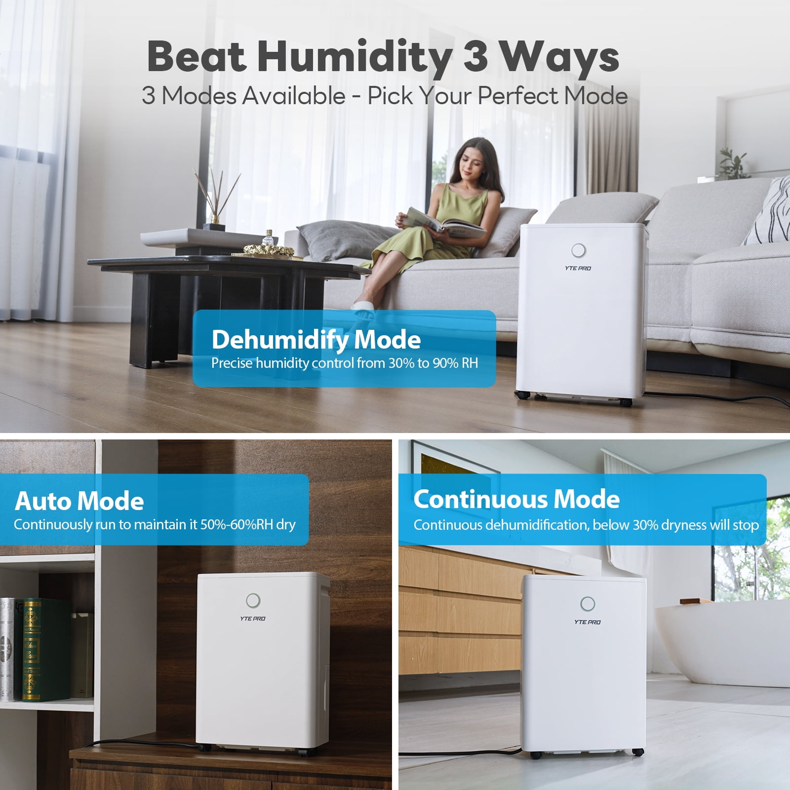 1800Sq.Ft Dehumidifier, 30Pint Dehumidifiers for Home, Ultra Quiet Dehumidifier for Large Room, Bathroom,Bedroom, with 6.56FT Drain Hose,0.66Gal Water Tank, 3-Color Humidity Light
