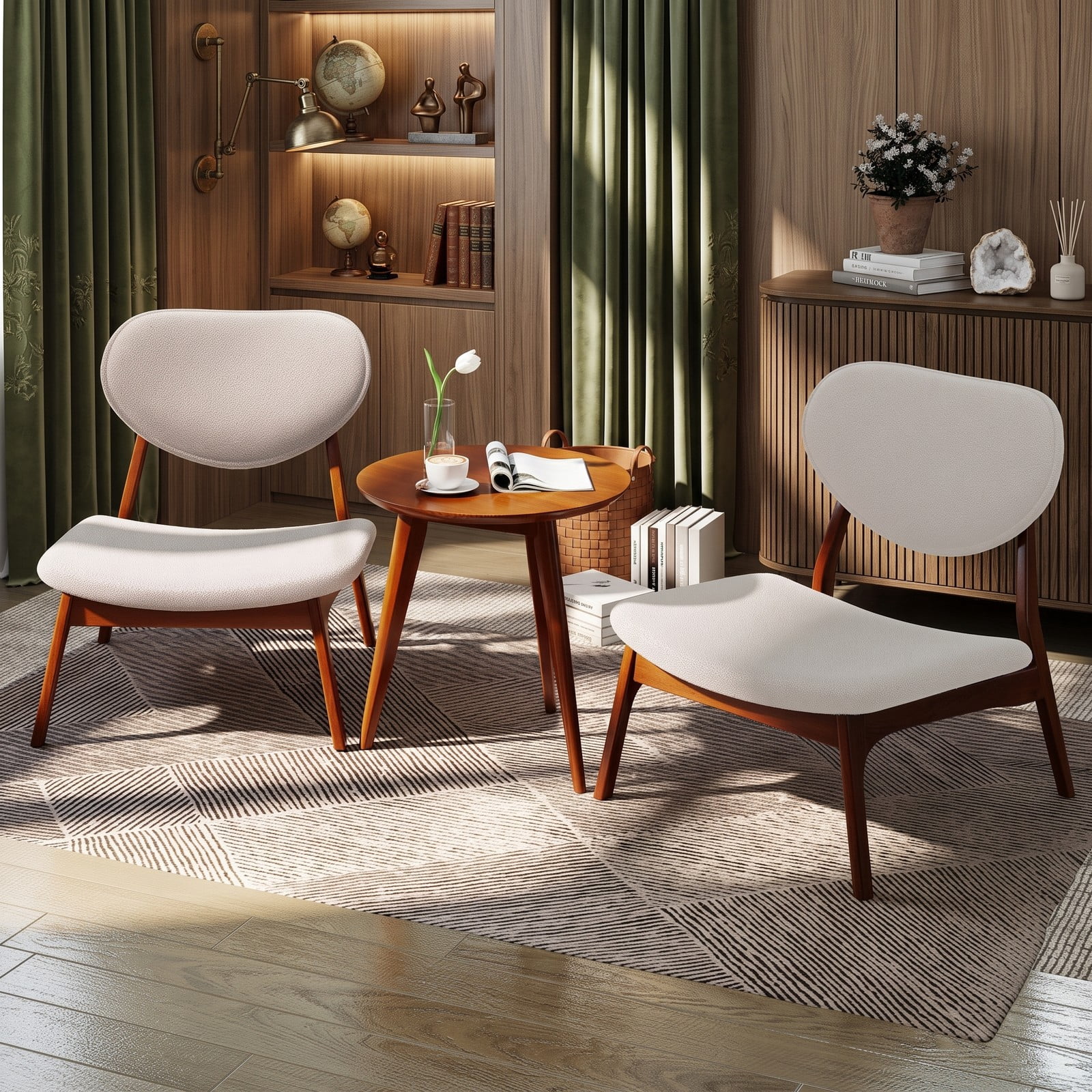 Furnibear Accent Chairs Set of 2 with Side Table, Solid Wood Frame Lamb Velvet Upholstered Club Armchairs, 105 Degree Reclined Backrest Reading, Walnut and Beige