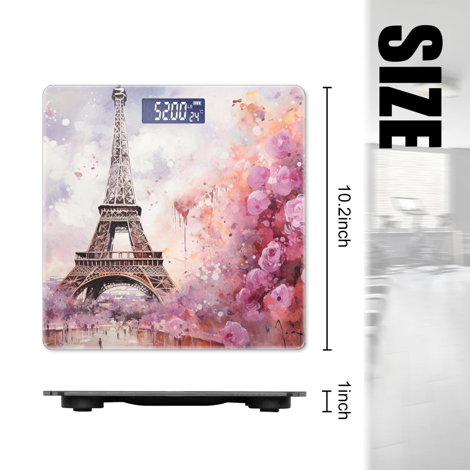 High Precision Body Weight Scale Smart Bathroom Scales with Large LCD Display(400 lbs),Decorative for Bedroom-Watercolor Painting of the Eiffel Tower in Colorful Flowers Impressionism