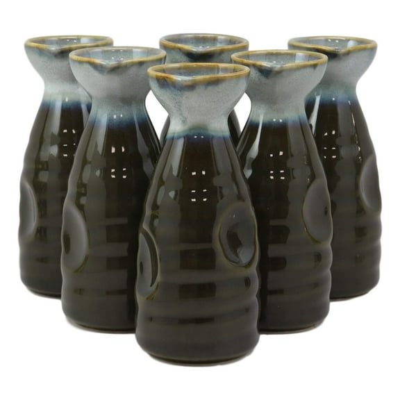 Glazed Ceramic Green And White Japanese Wine Sake Tokkuri Flask Pack of 6 Flasks