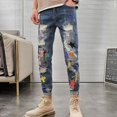 thumbnail image 5 of Pantalones vaqueros ajustados con estampado gráfico para hombre, pantalones vaqueros rasgados con corte entallado, moda coreana, estilo retro, rotos, estilo Harajuku, tallas Xs y XL, 5 of 5