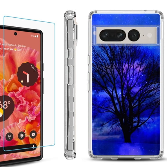 Shockproof Bumper Phone Case for Google Pixel 7 Pro, with Tempered Glass Screen Protector, by OneToughShield ® - Night Tree